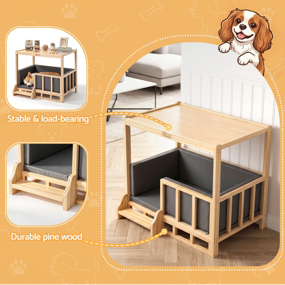 i.Pet 2-in-1 Dog Kennel Crate Furniture Wooden House Grey