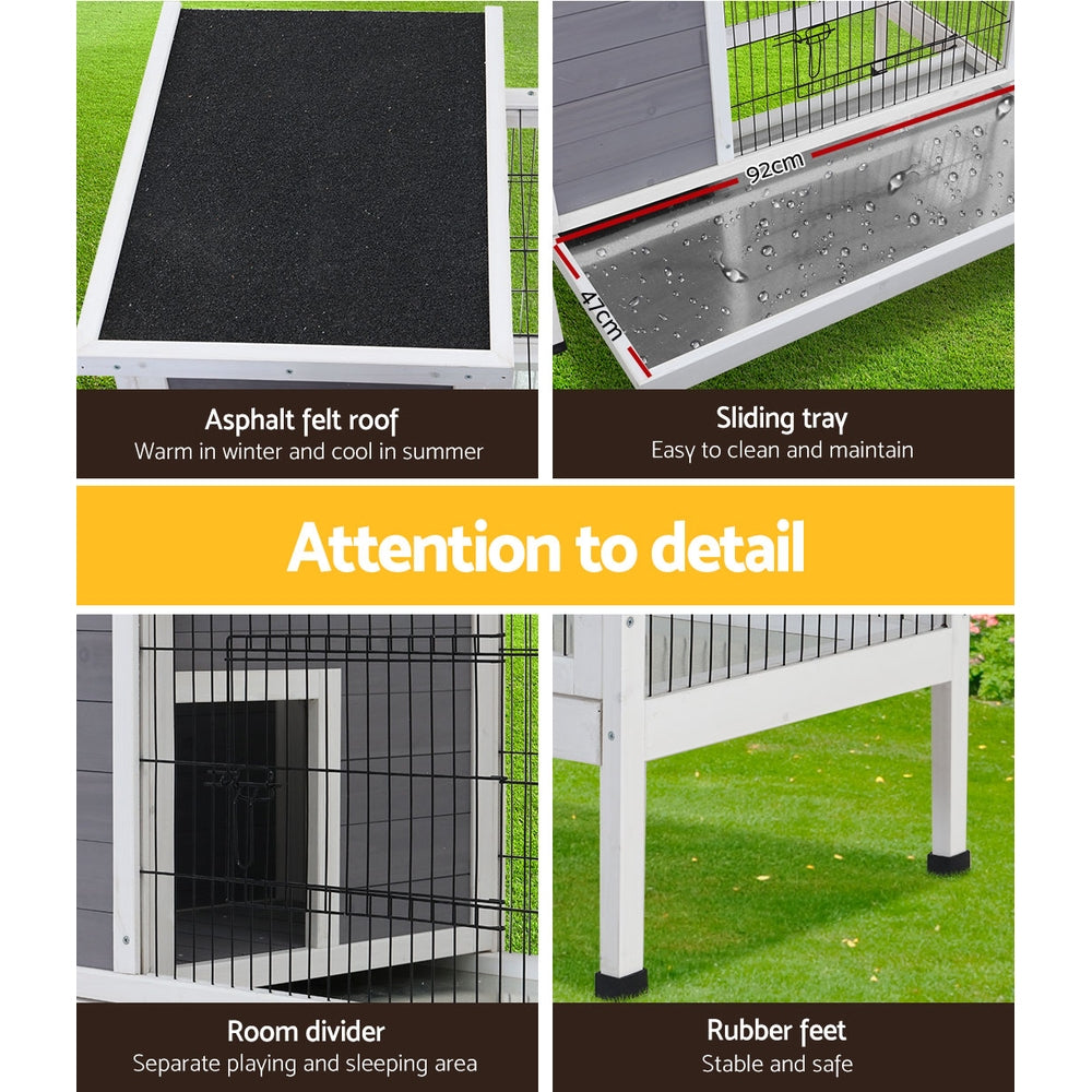 i.Pet Wooden Rabbit Hutch Large Outdoor Cage Grey/White