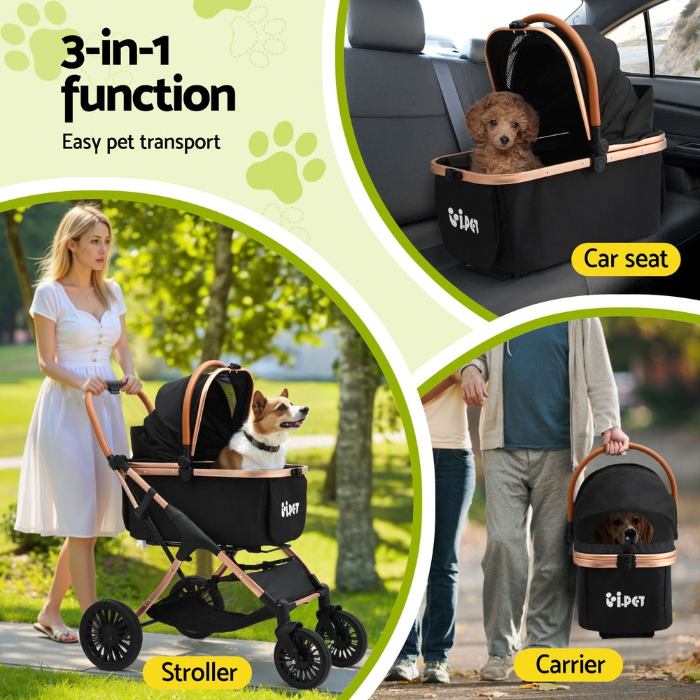 i.Pet Large Pet Stroller Pram Foldable 4 Wheels Rose Gold & Black