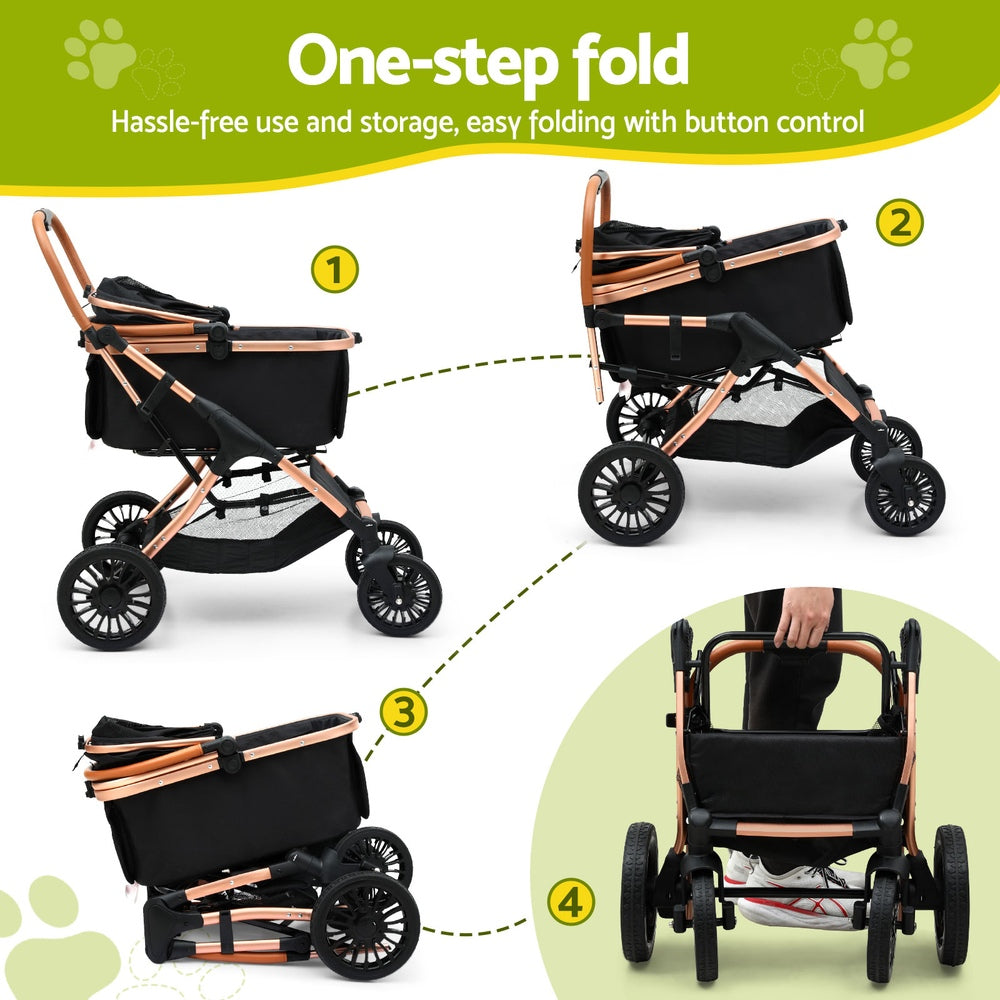 i.Pet Large Pet Stroller Pram Foldable 4 Wheels Rose Gold & Black