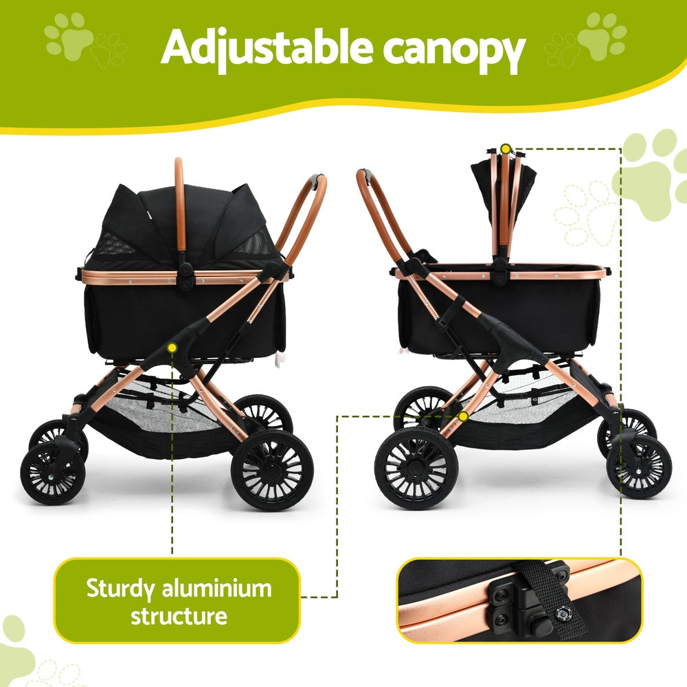 i.Pet Large Pet Stroller Pram Foldable 4 Wheels Rose Gold & Black