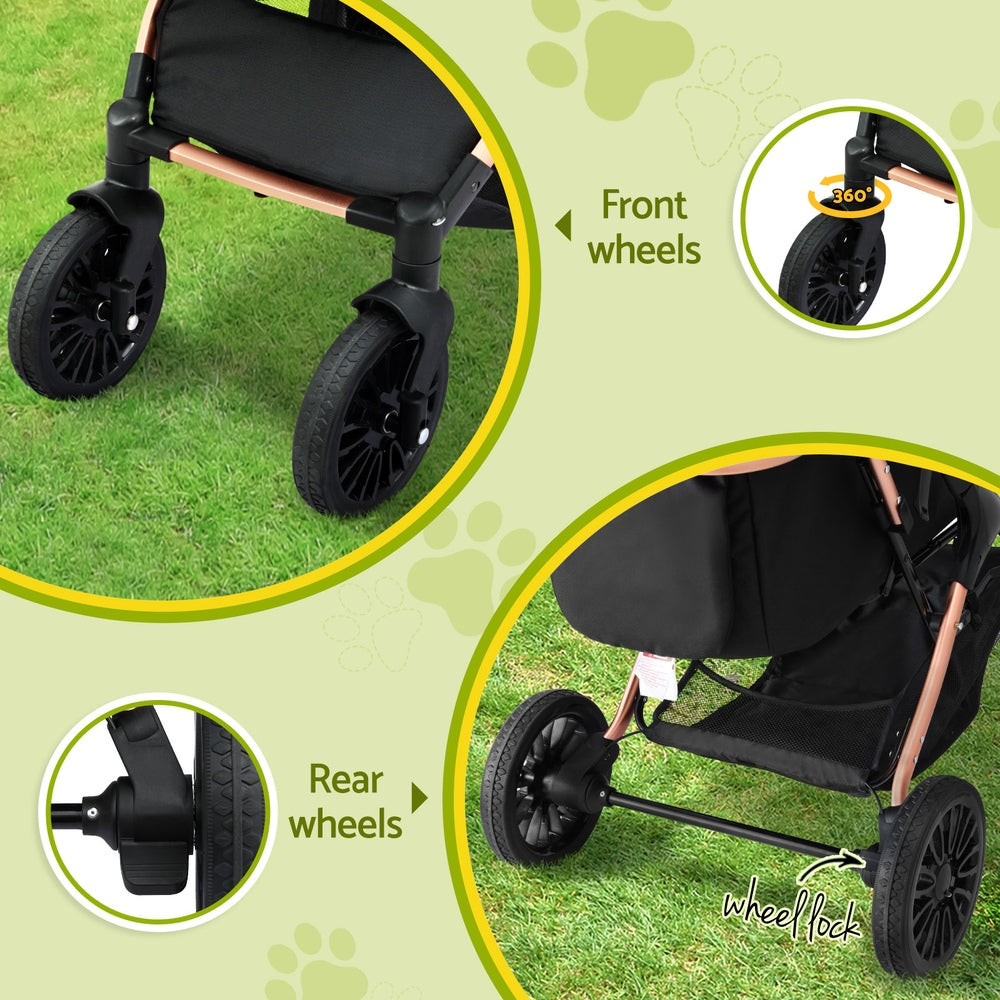 i.Pet Large Pet Stroller Pram Foldable 4 Wheels Rose Gold & Black