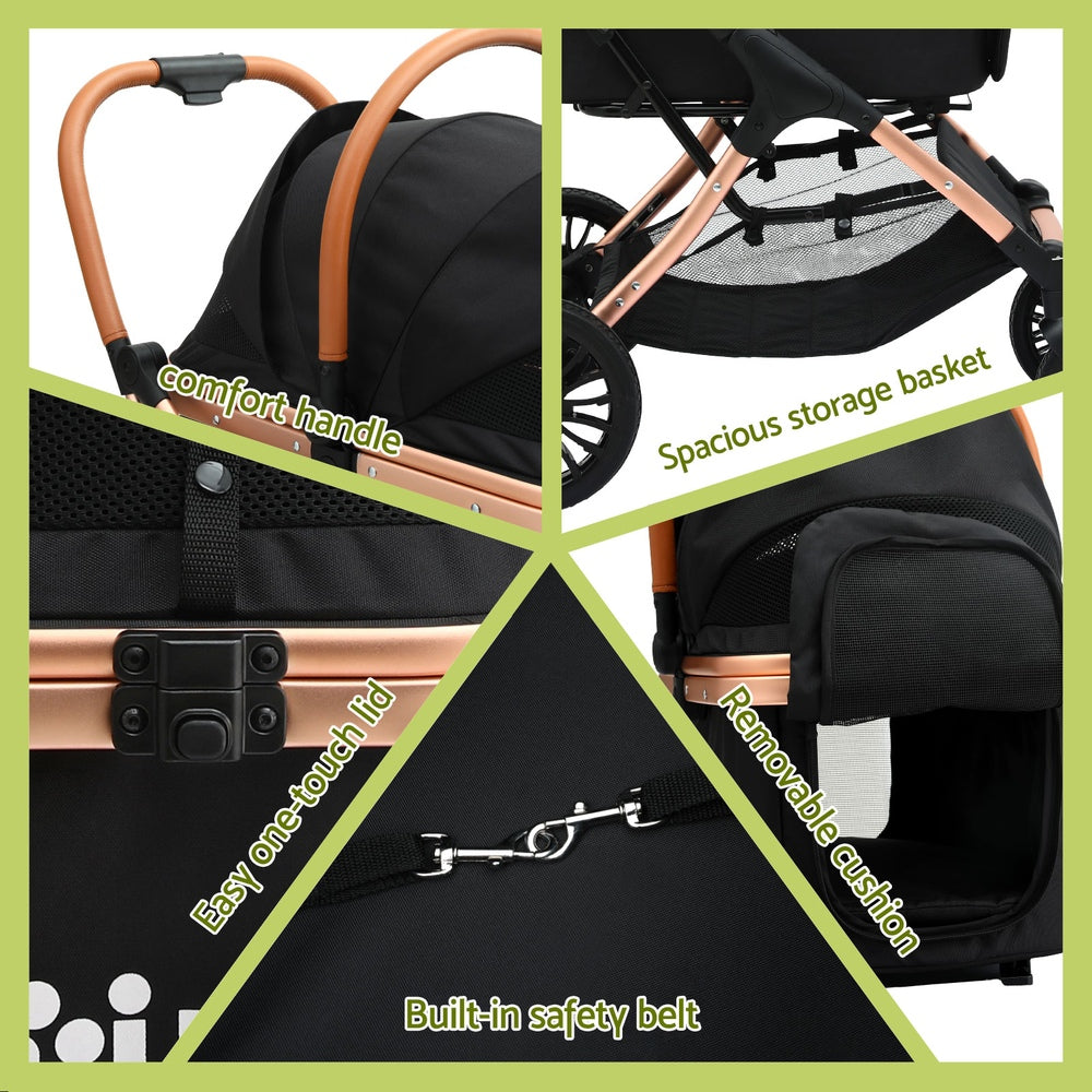i.Pet Large Pet Stroller Pram Foldable 4 Wheels Rose Gold & Black