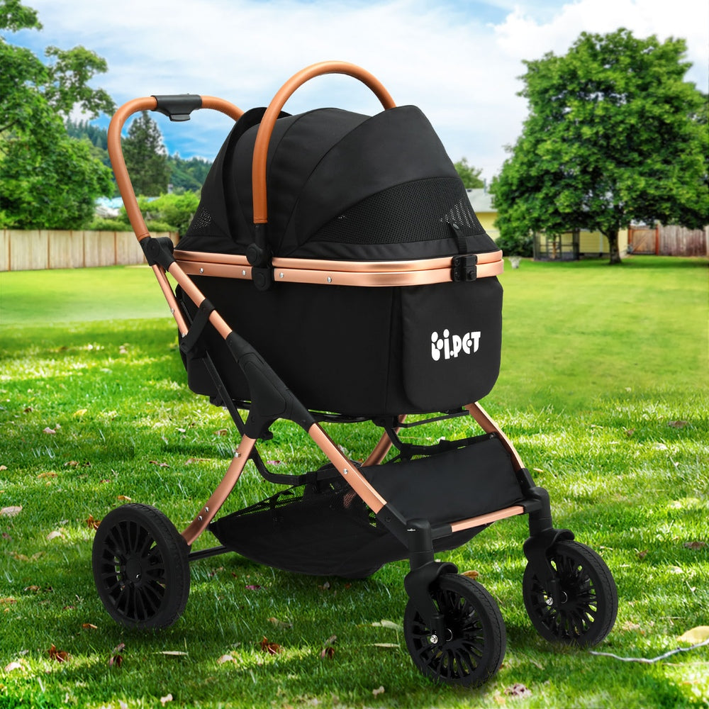 i.Pet Large Pet Stroller Pram Foldable 4 Wheels Rose Gold & Black