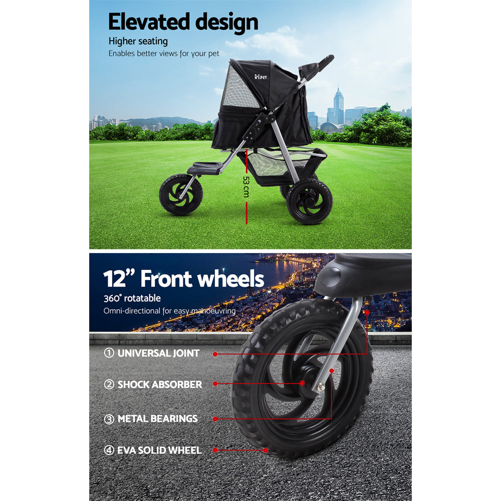i.Pet Large Pet Stroller 3-Wheel Foldable Dog Pram Black