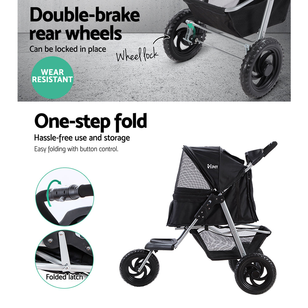 i.Pet Large Pet Stroller 3-Wheel Foldable Dog Pram Black