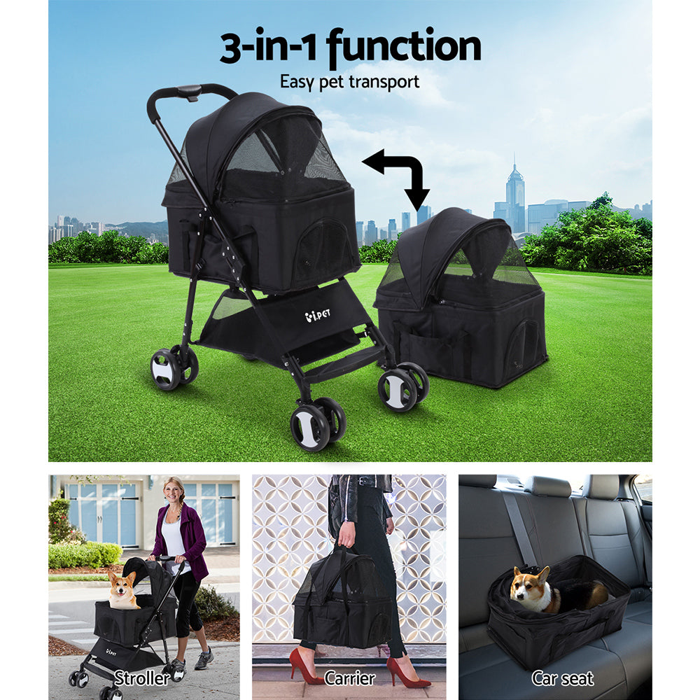 i.Pet Large Pet Stroller Foldable 4-Wheel Black
