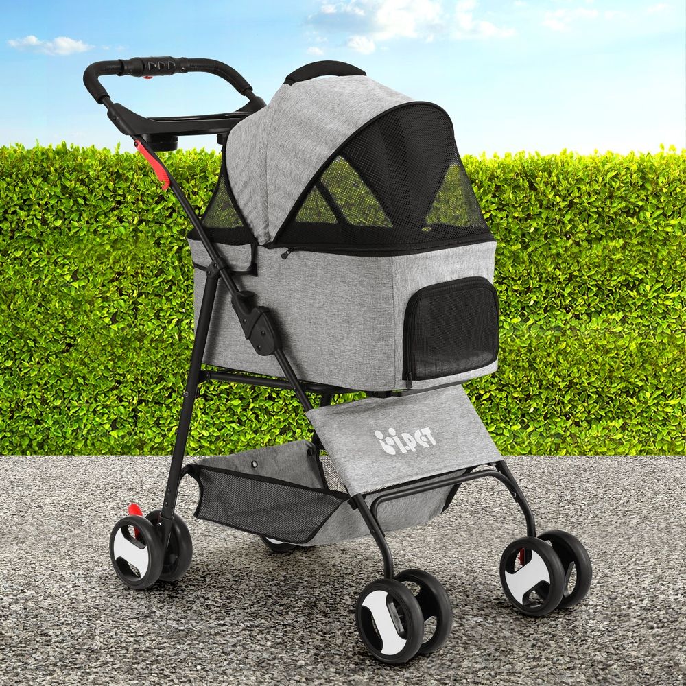 i.Pet Pet Stroller Dog Pram Cat Carrier Foldable 4 Wheels Grey