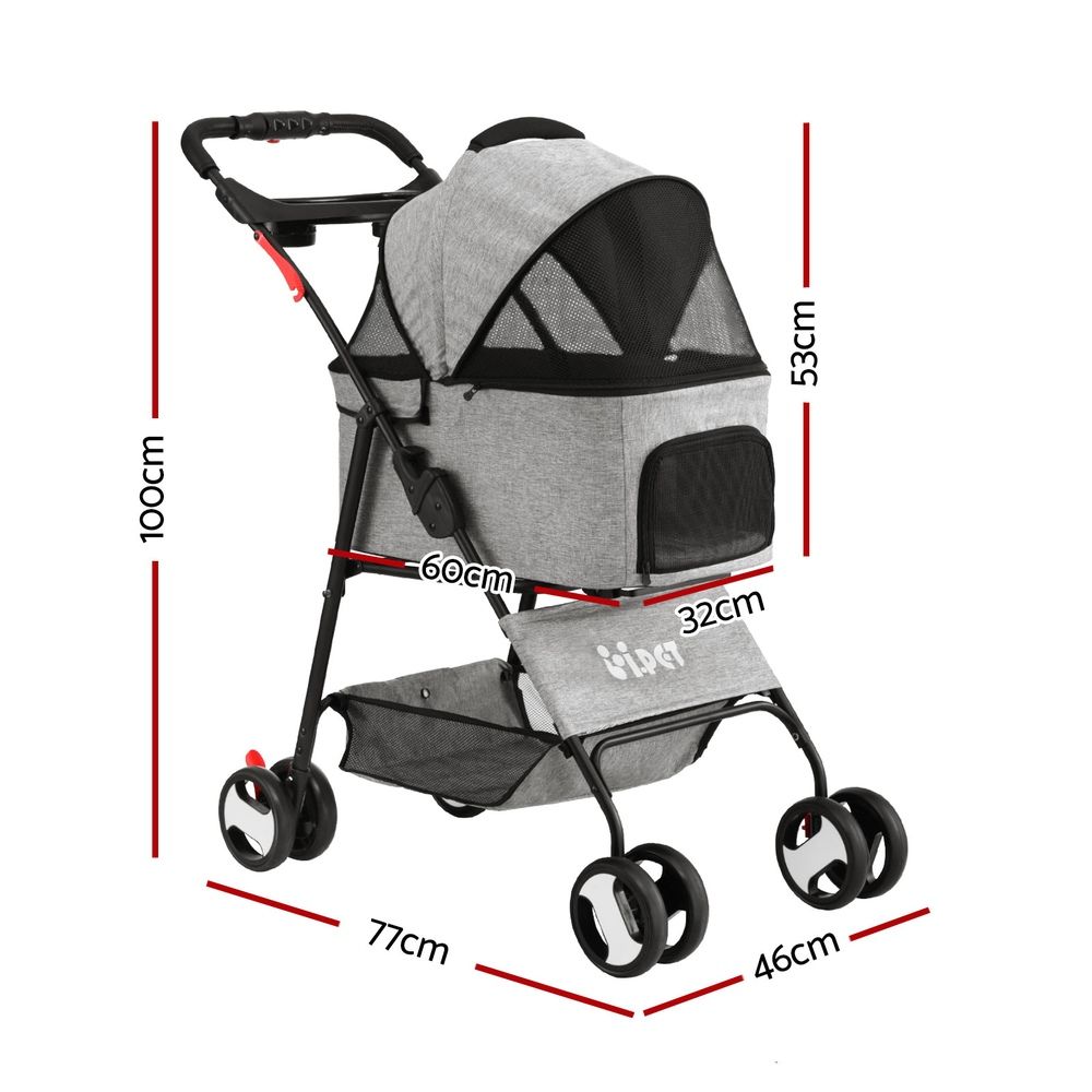 i.Pet Pet Stroller Dog Pram Cat Carrier Foldable 4 Wheels Grey