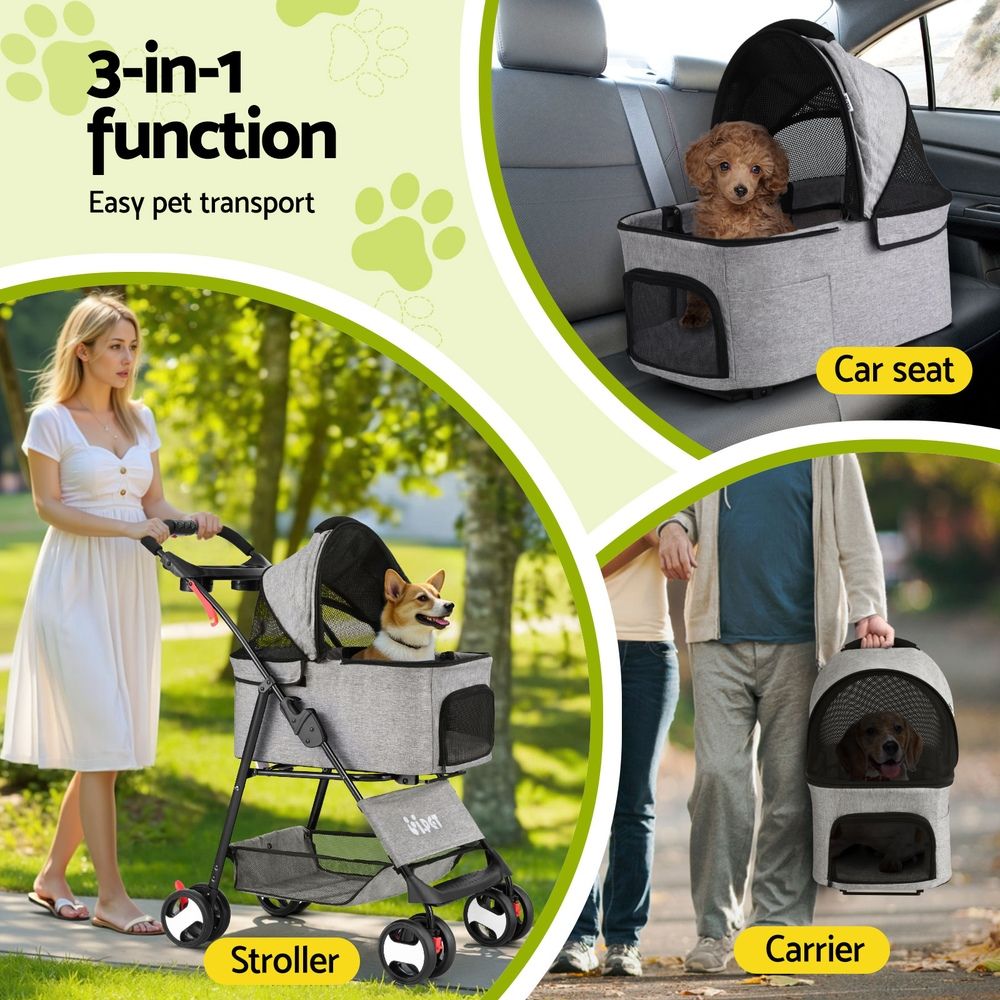 i.Pet Pet Stroller Dog Pram Cat Carrier Foldable 4 Wheels Grey
