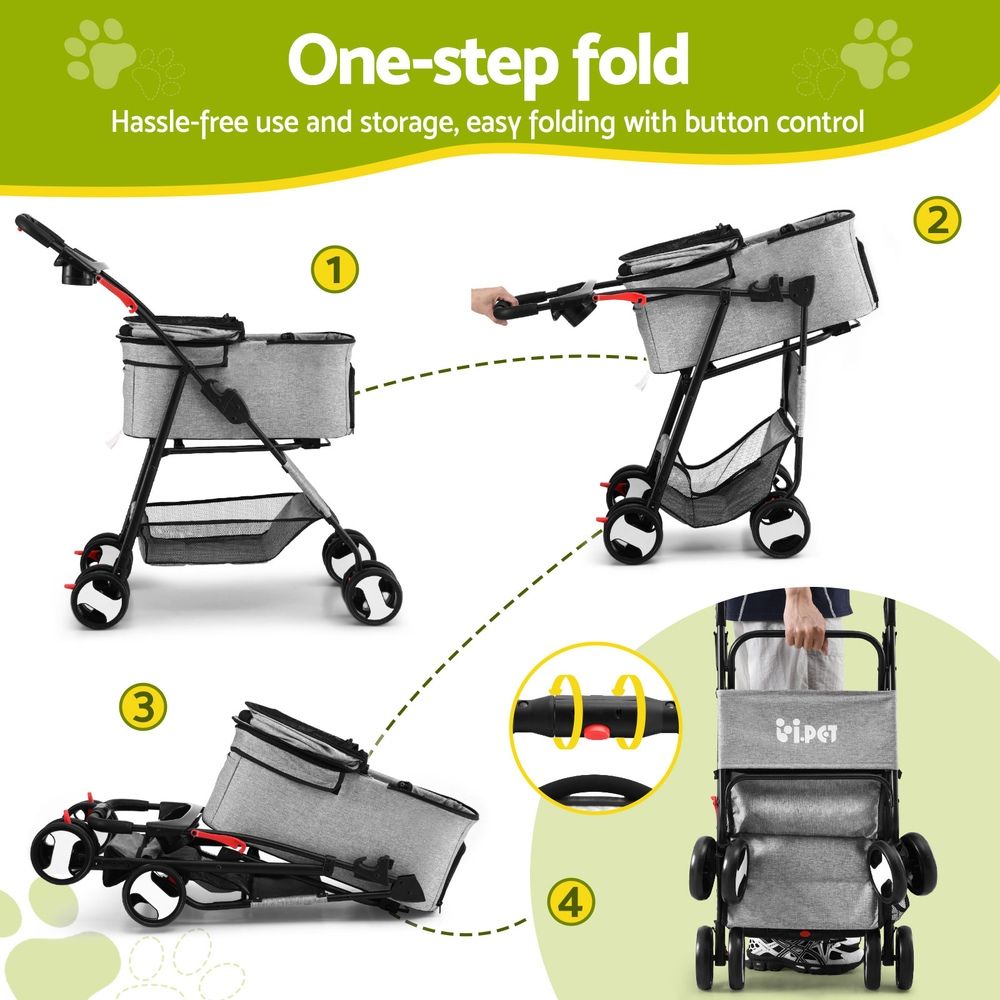 i.Pet Pet Stroller Dog Pram Cat Carrier Foldable 4 Wheels Grey