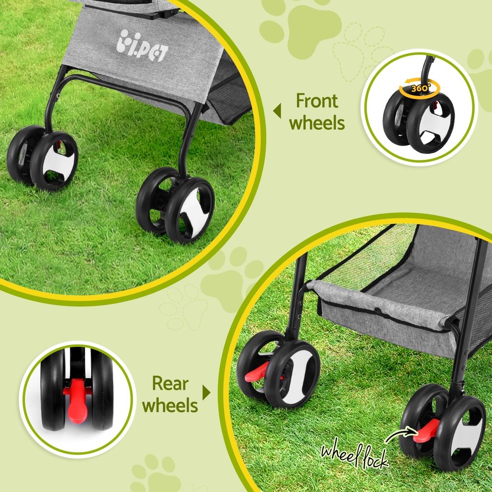 i.Pet Pet Stroller Dog Pram Cat Carrier Foldable 4 Wheels Grey