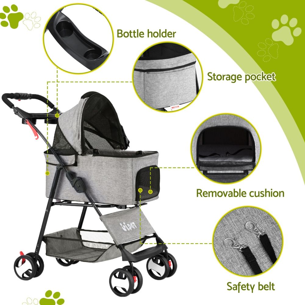 i.Pet Pet Stroller Dog Pram Cat Carrier Foldable 4 Wheels Grey
