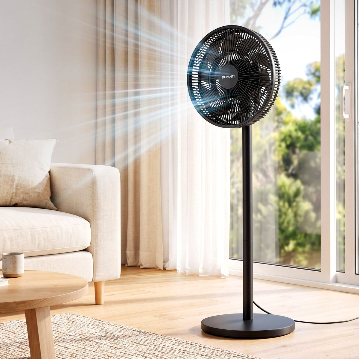 Devanti Pedestal Fan with Remote, 7 Speeds, 3 Heights, Black