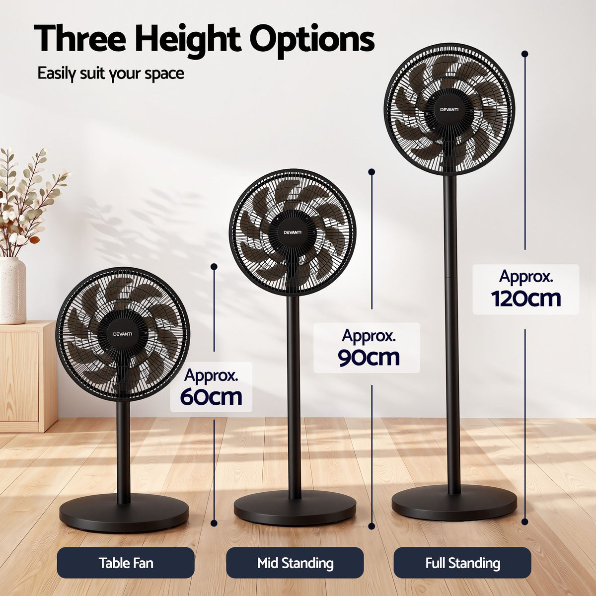 Devanti Pedestal Fan with Remote, 7 Speeds, 3 Heights, Black