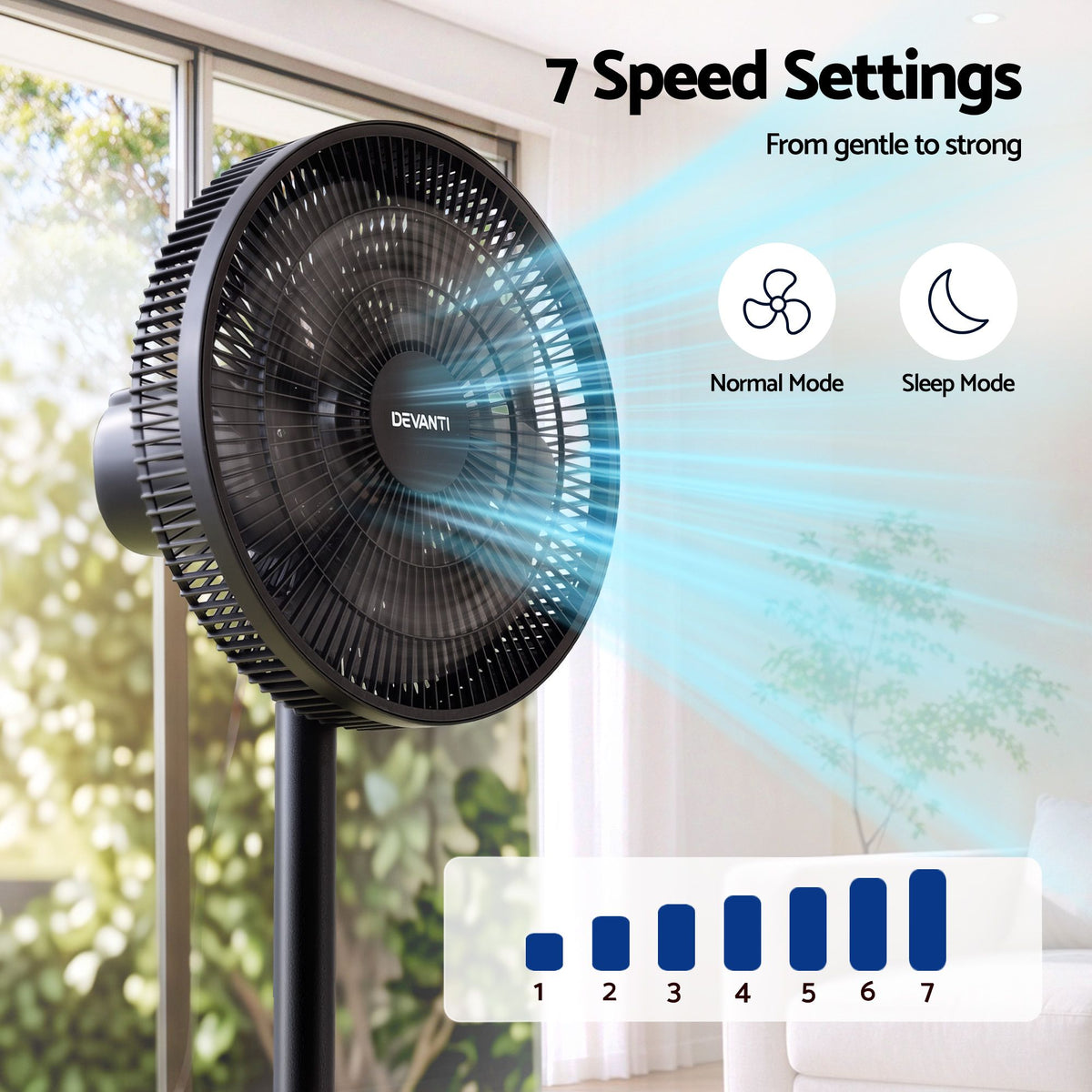 Devanti Pedestal Fan with Remote, 7 Speeds, 3 Heights, Black