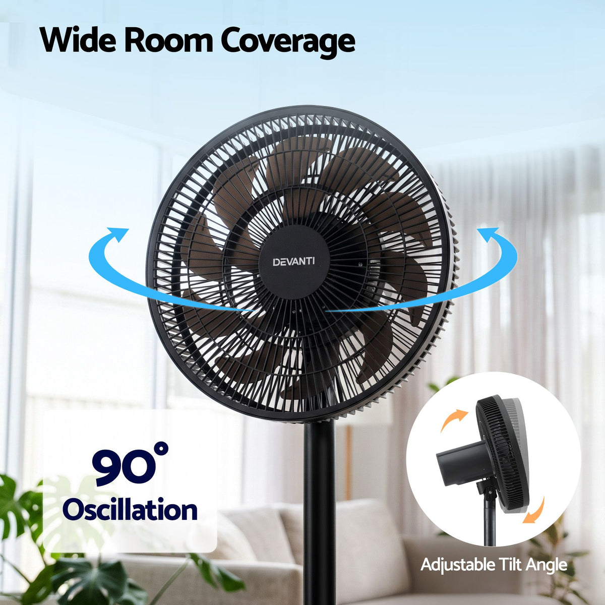 Devanti Pedestal Fan with Remote, 7 Speeds, 3 Heights, Black