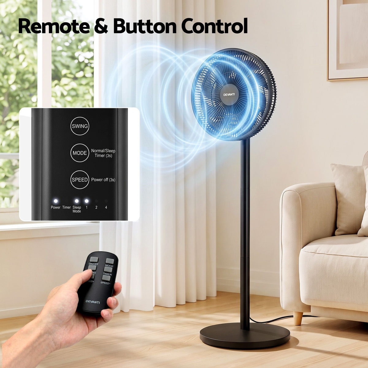 Devanti Pedestal Fan with Remote, 7 Speeds, 3 Heights, Black