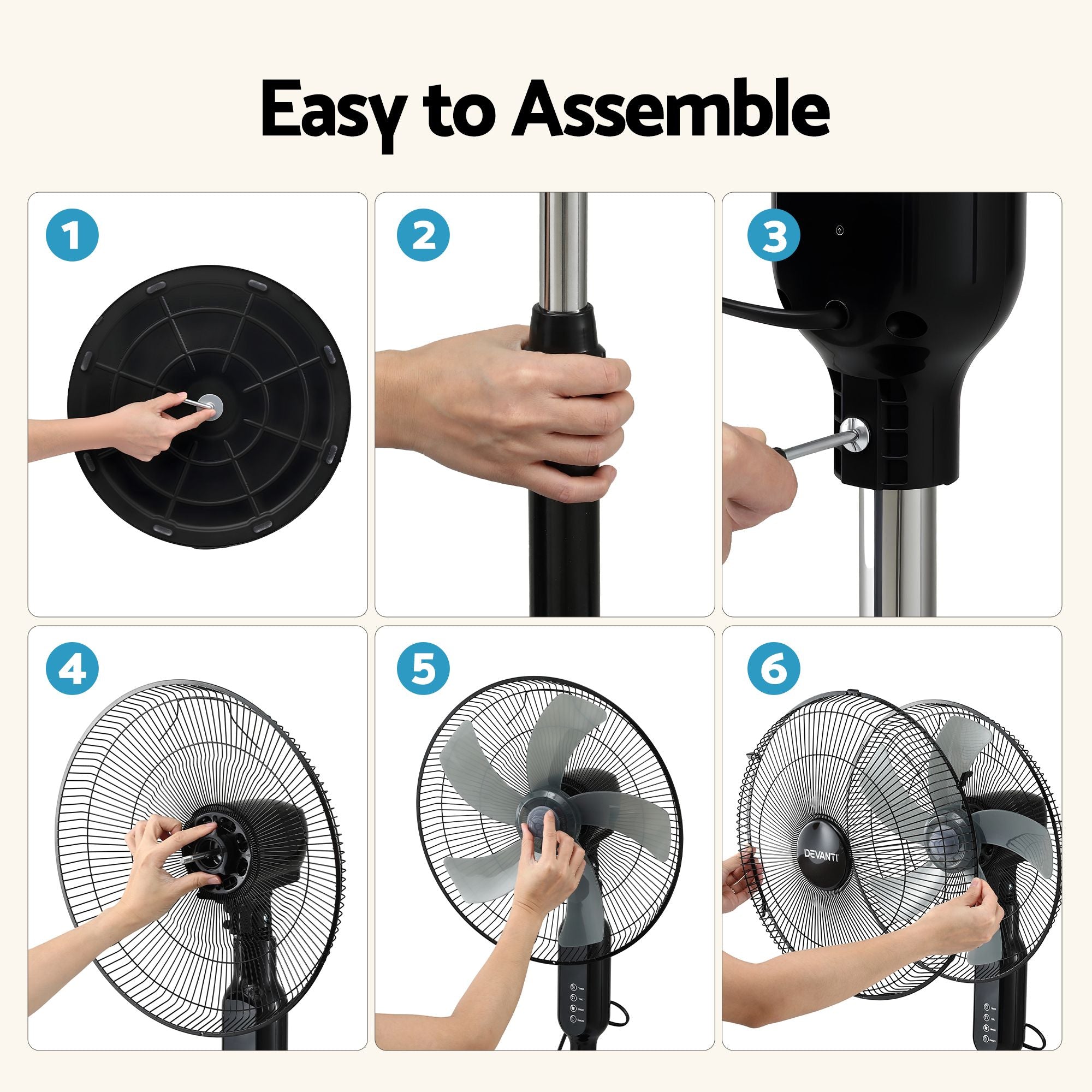 DEVANTI 16" Pedestal Fan with Remote 3 Speeds 8H Timer, Black