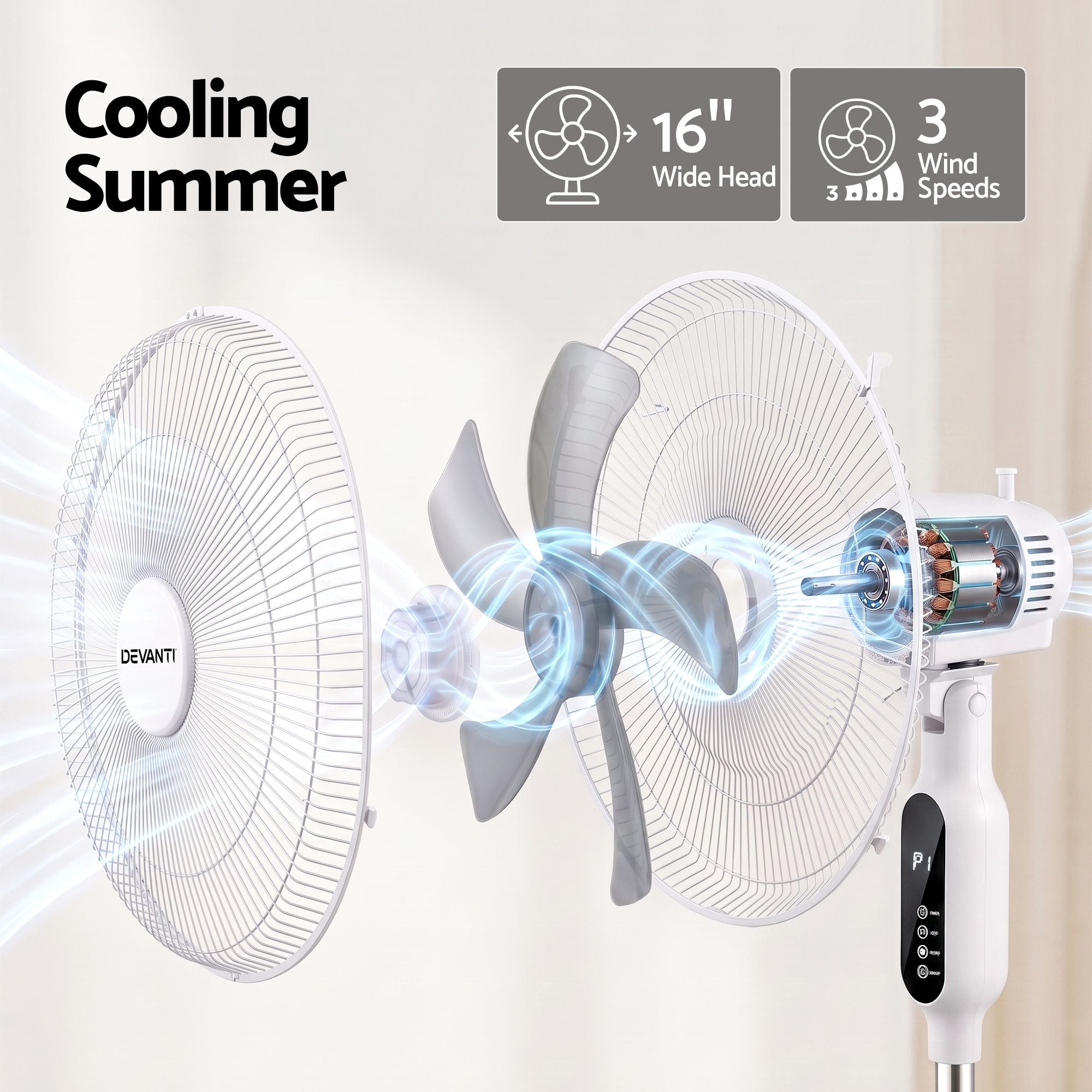 DEVANTI 16" Pedestal Fan with Remote 3 Speeds 8H Timer, White