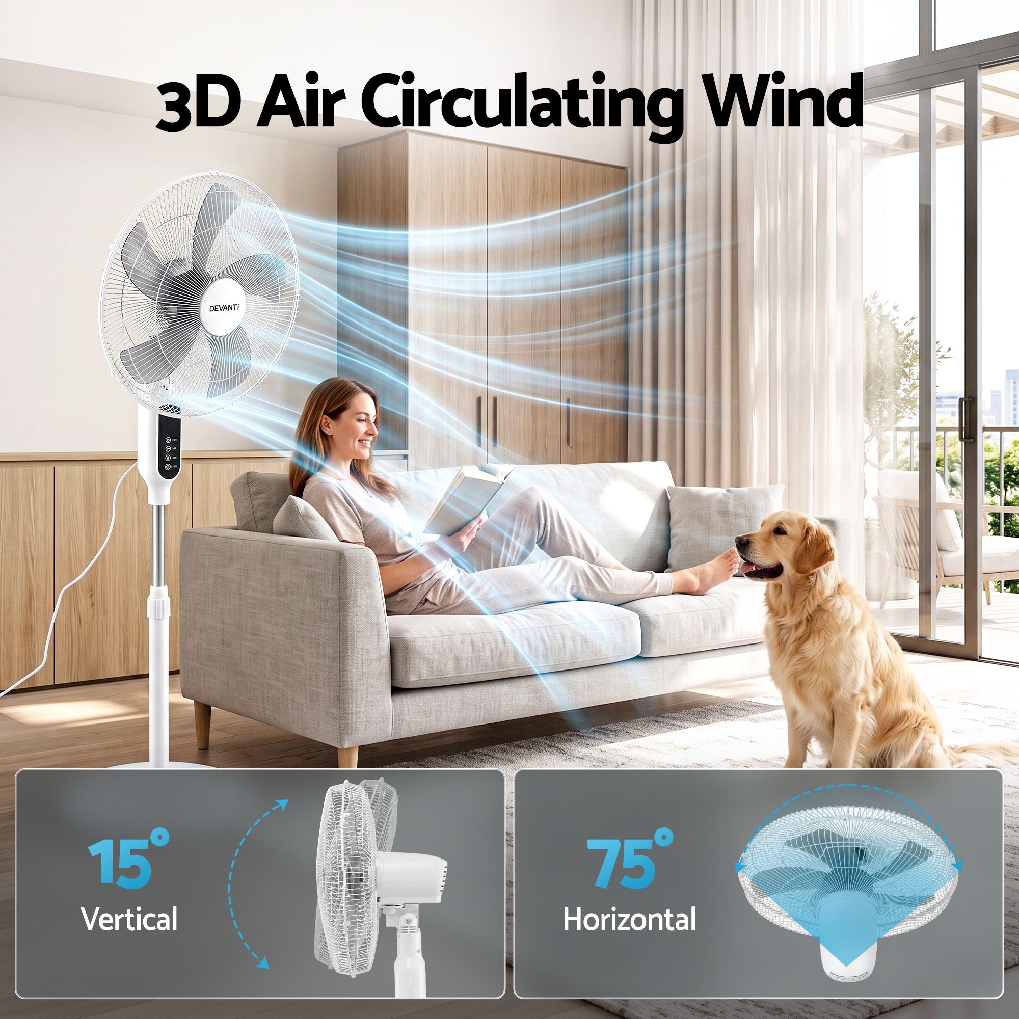 DEVANTI 16" Pedestal Fan with Remote 3 Speeds 8H Timer, White