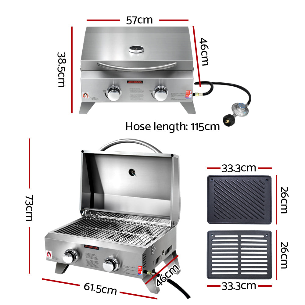 Grillz Portable Gas BBQ 2-Burner Stainless Steel Grill