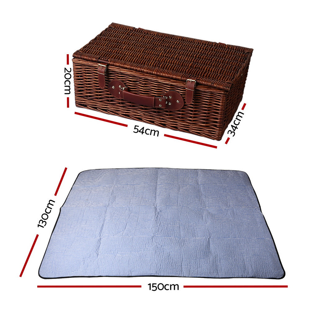 Alfresco 4 Person Picnic Basket Set Insulated with Blanket Brown/Blue