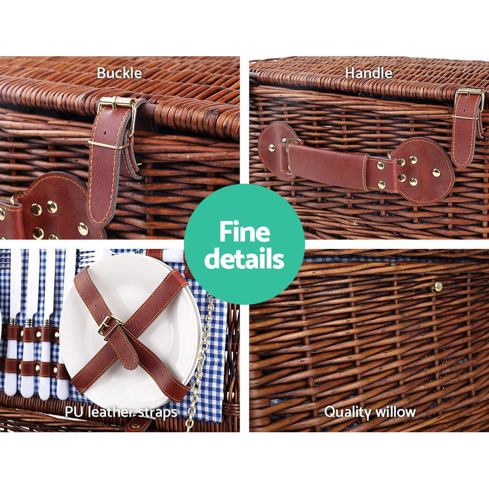 Alfresco 4 Person Picnic Basket Set Insulated with Blanket Brown/Blue