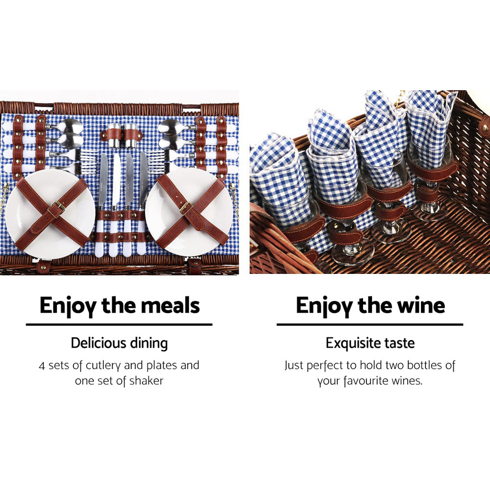 Alfresco 4 Person Picnic Basket Set Insulated with Blanket Brown/Blue