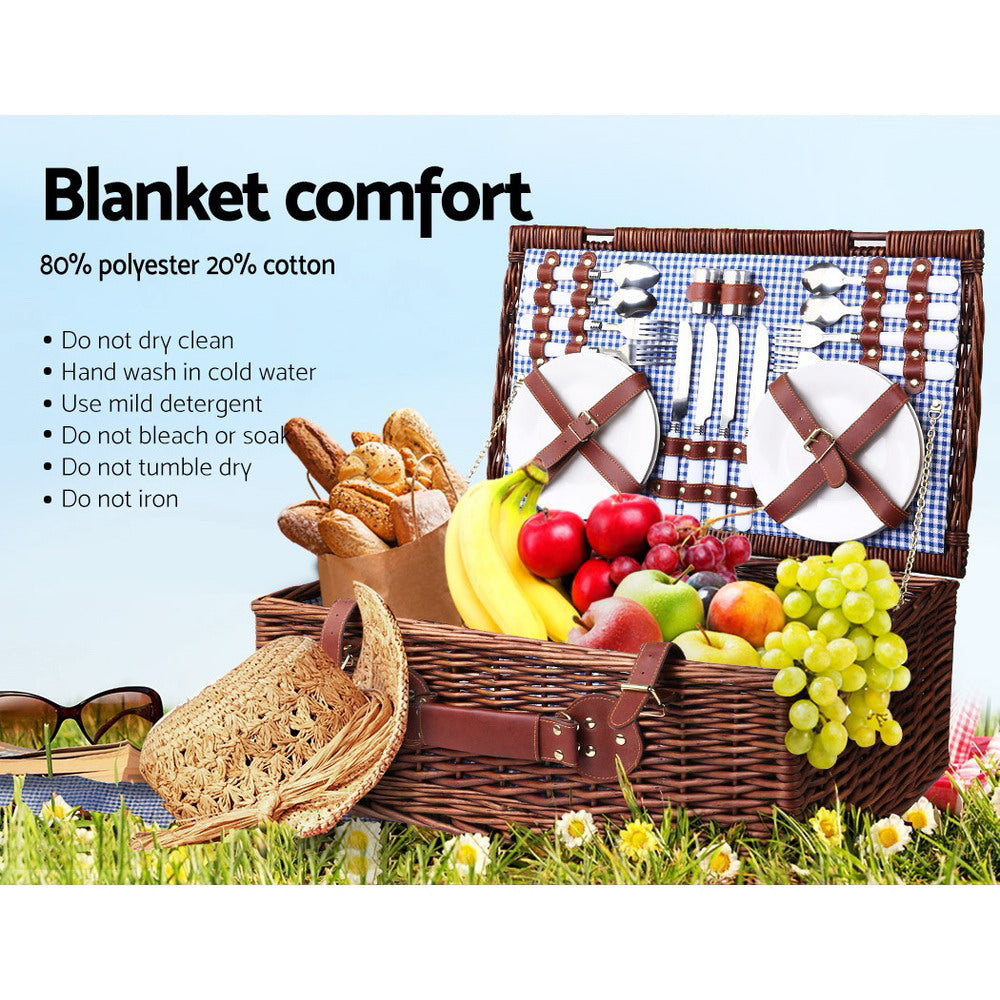 Alfresco 4 Person Picnic Basket Set Insulated with Blanket Brown/Blue