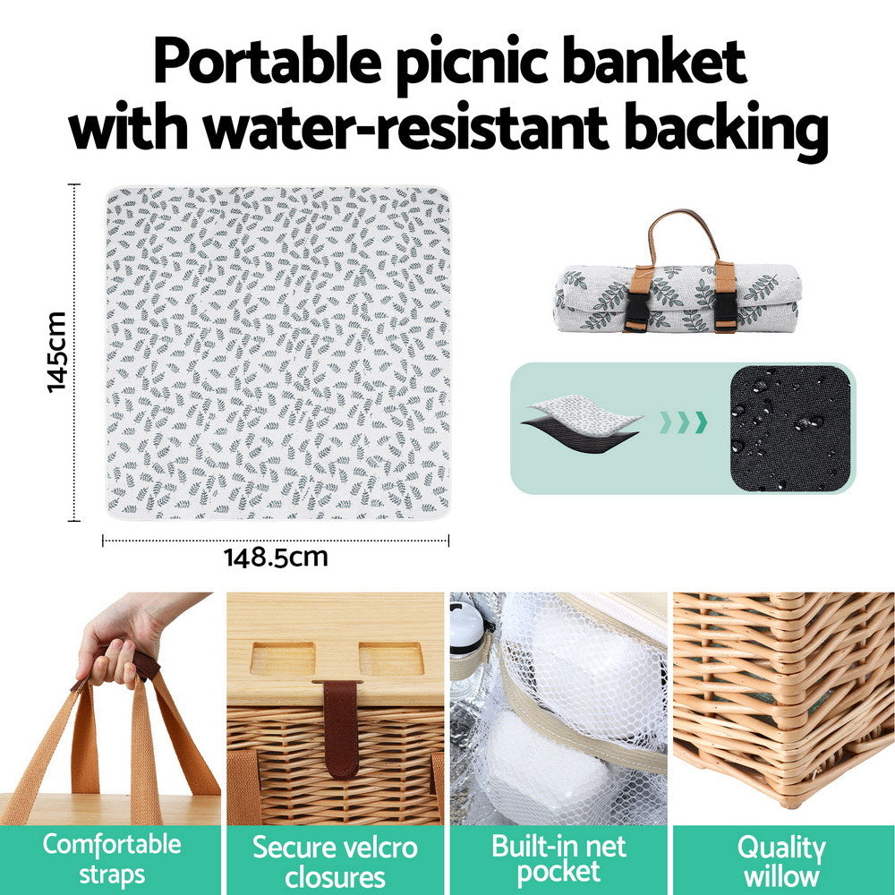 Alfresco 2-Person Picnic Basket Set Wooden Table Insulated Cooler Blanket