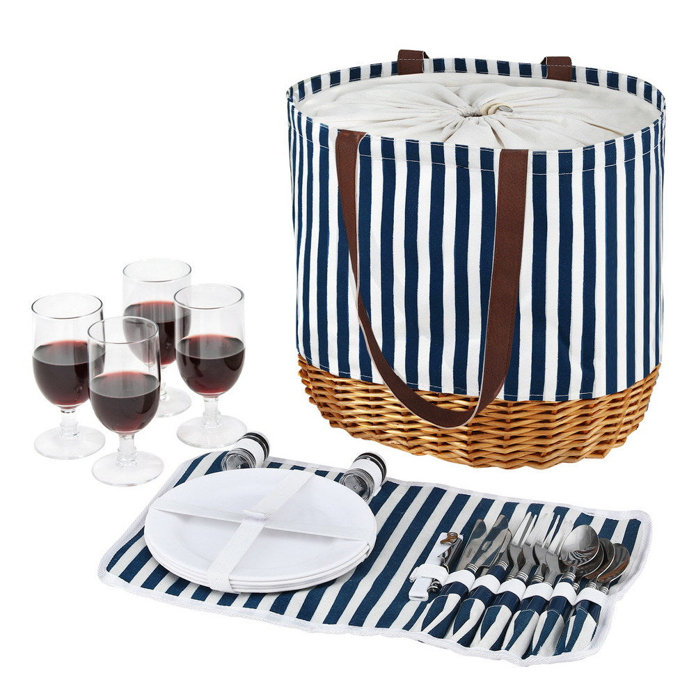 Alfresco 4-Person Picnic Basket Set Insulated Dark Blue/White