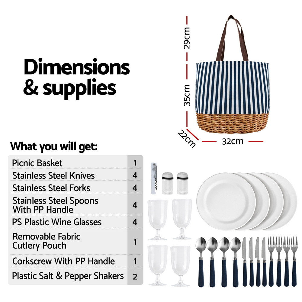 Alfresco 4-Person Picnic Basket Set Insulated Dark Blue/White