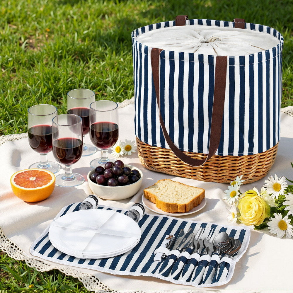 Alfresco 4-Person Picnic Basket Set Insulated Dark Blue/White