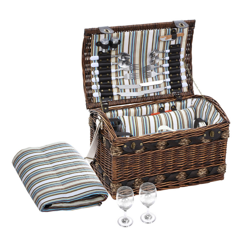 Alfresco 4 Person Picnic Basket Set Insulated Brown with Blanket