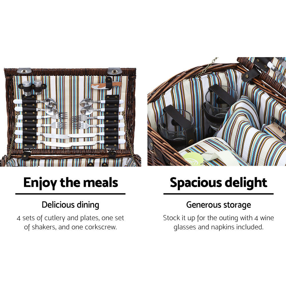Alfresco 4 Person Picnic Basket Set Insulated Brown with Blanket