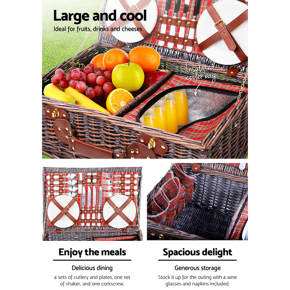 Alfresco 4 Person Picnic Basket Set Insulated Blanket Red