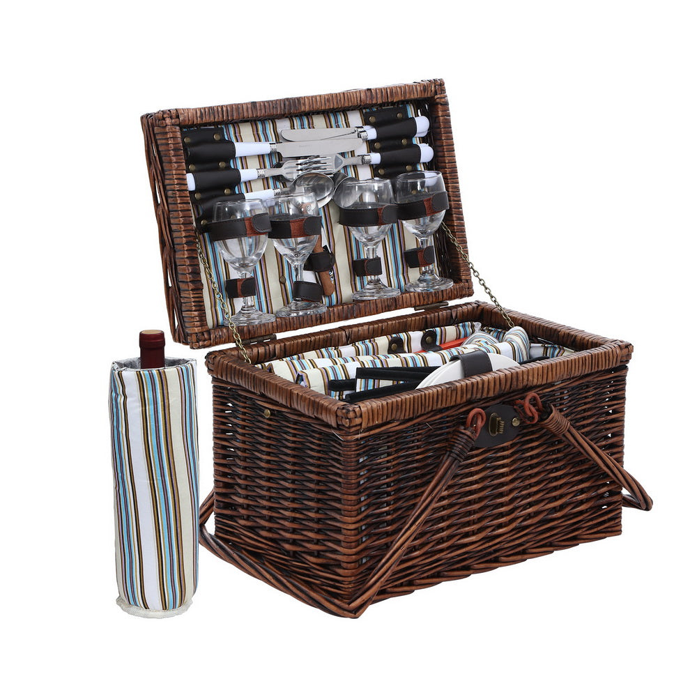 Alfresco 4 Person Picnic Basket Set Folding Insulated Bag Brown