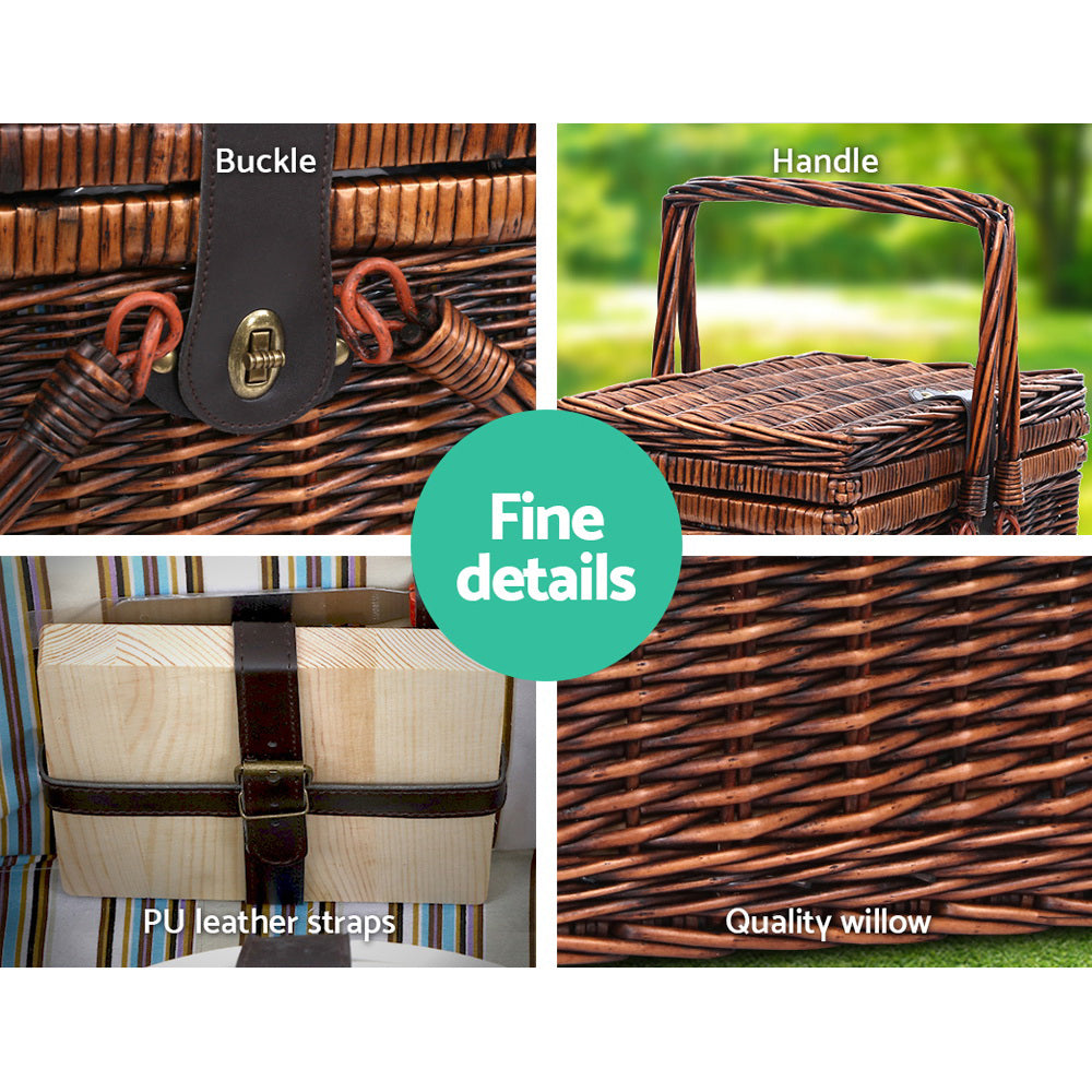 Alfresco 4 Person Picnic Basket Set Folding Insulated Bag Brown