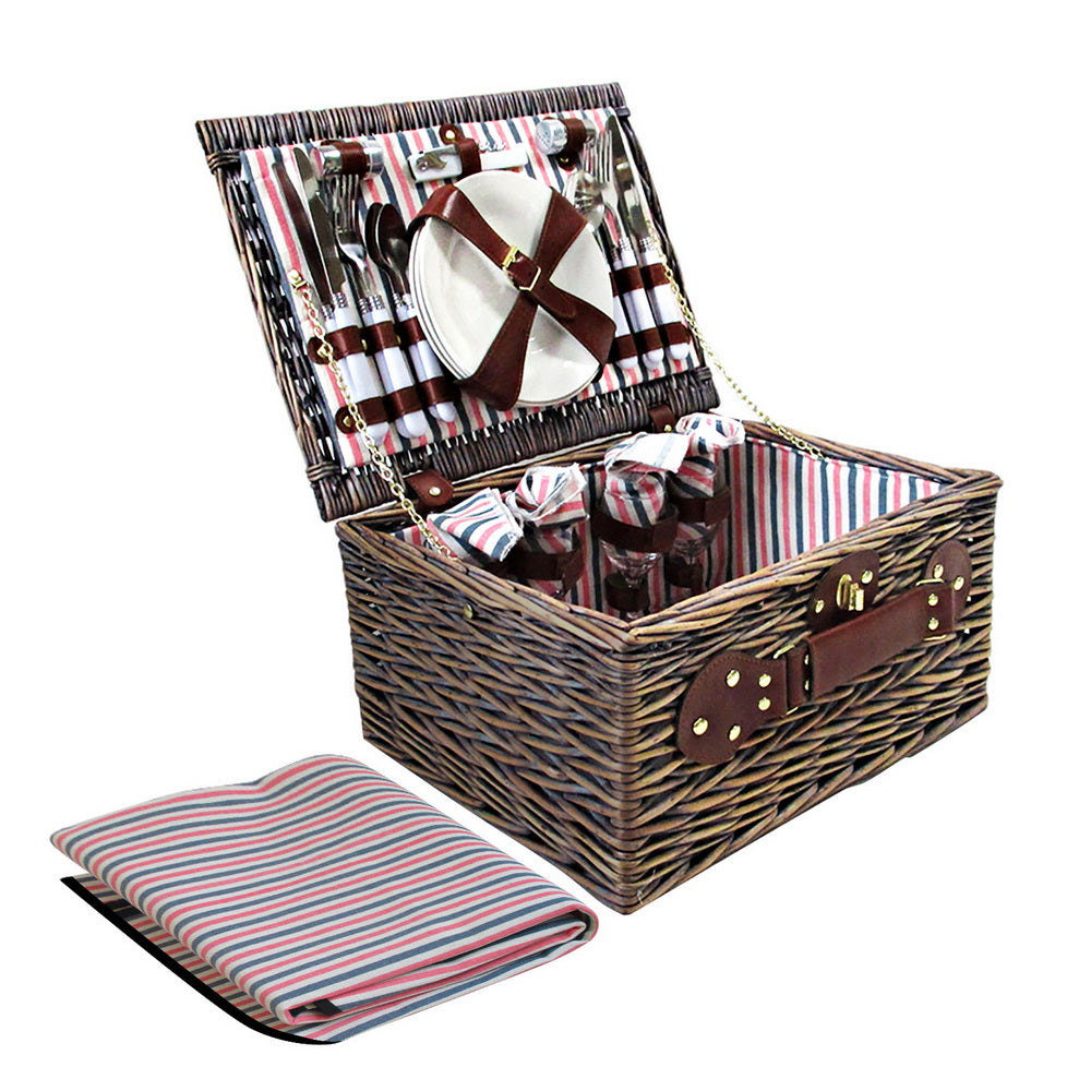 Alfresco 4 Person Picnic Basket Set Insulated with Blanket Brown