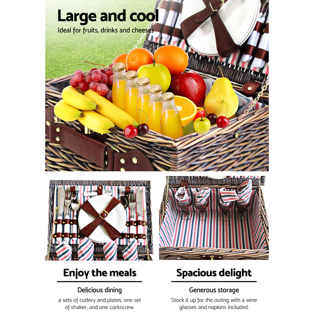 Alfresco 4 Person Picnic Basket Set Insulated with Blanket Brown
