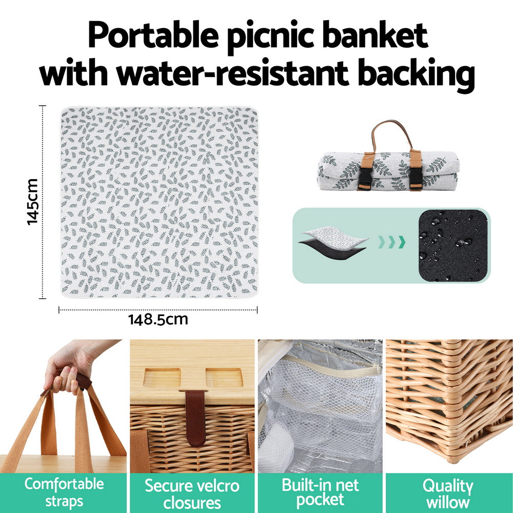 Alfresco 4-Person Picnic Basket Set Insulated Cooler Table Blanket