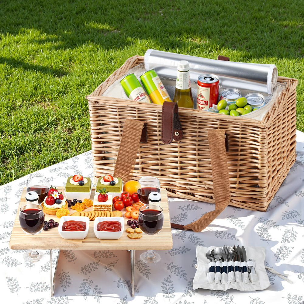 Alfresco 4-Person Picnic Basket Set Insulated Cooler Table Blanket