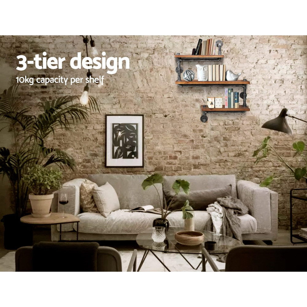 IONA 3-Tier Floating Pipe Shelf Industrial Timber