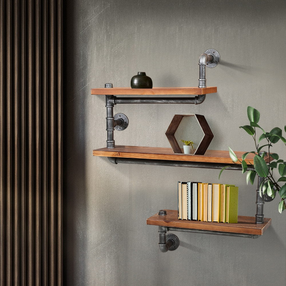 IONA 3-Tier Floating Pipe Shelf Industrial Timber