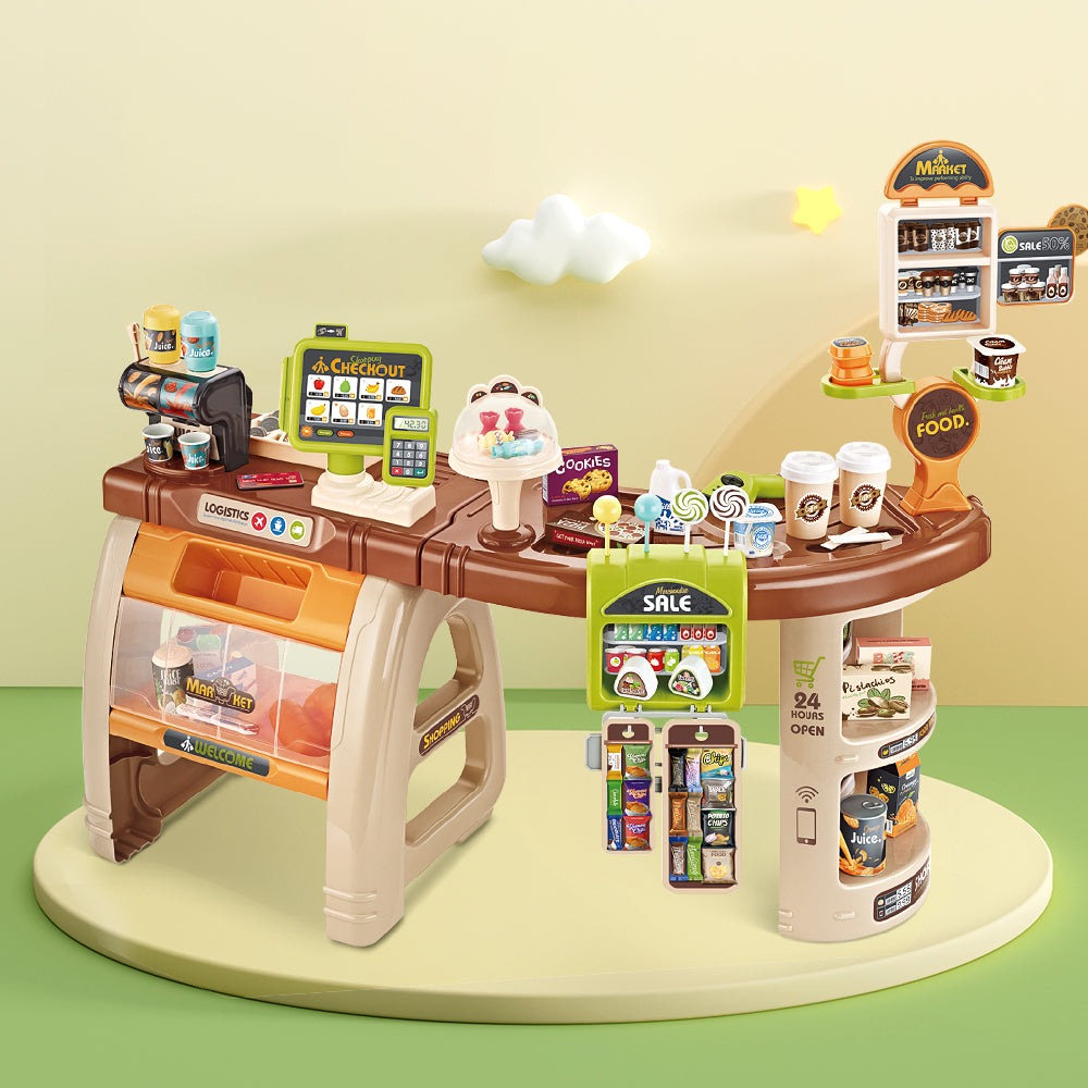 Keezi 52-Piece Kids Supermarket Playset Cash Register Brown