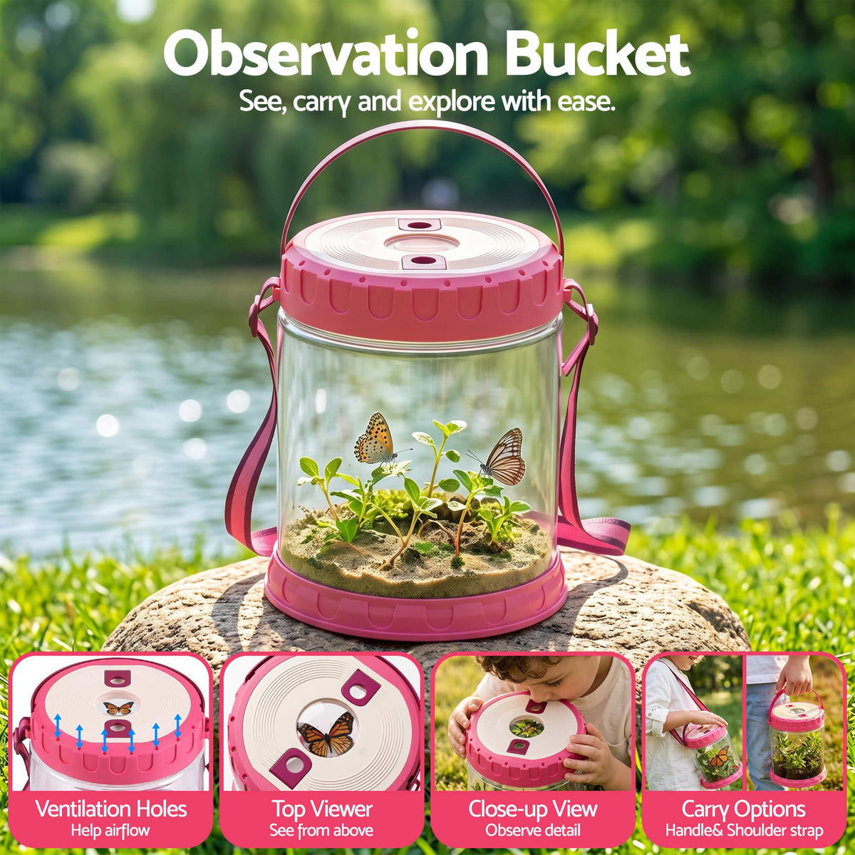 Keezi Kids Bug Catcher Kit 12pc Outdoor Explorer Toys Insect Viewer Net Shovel Pink