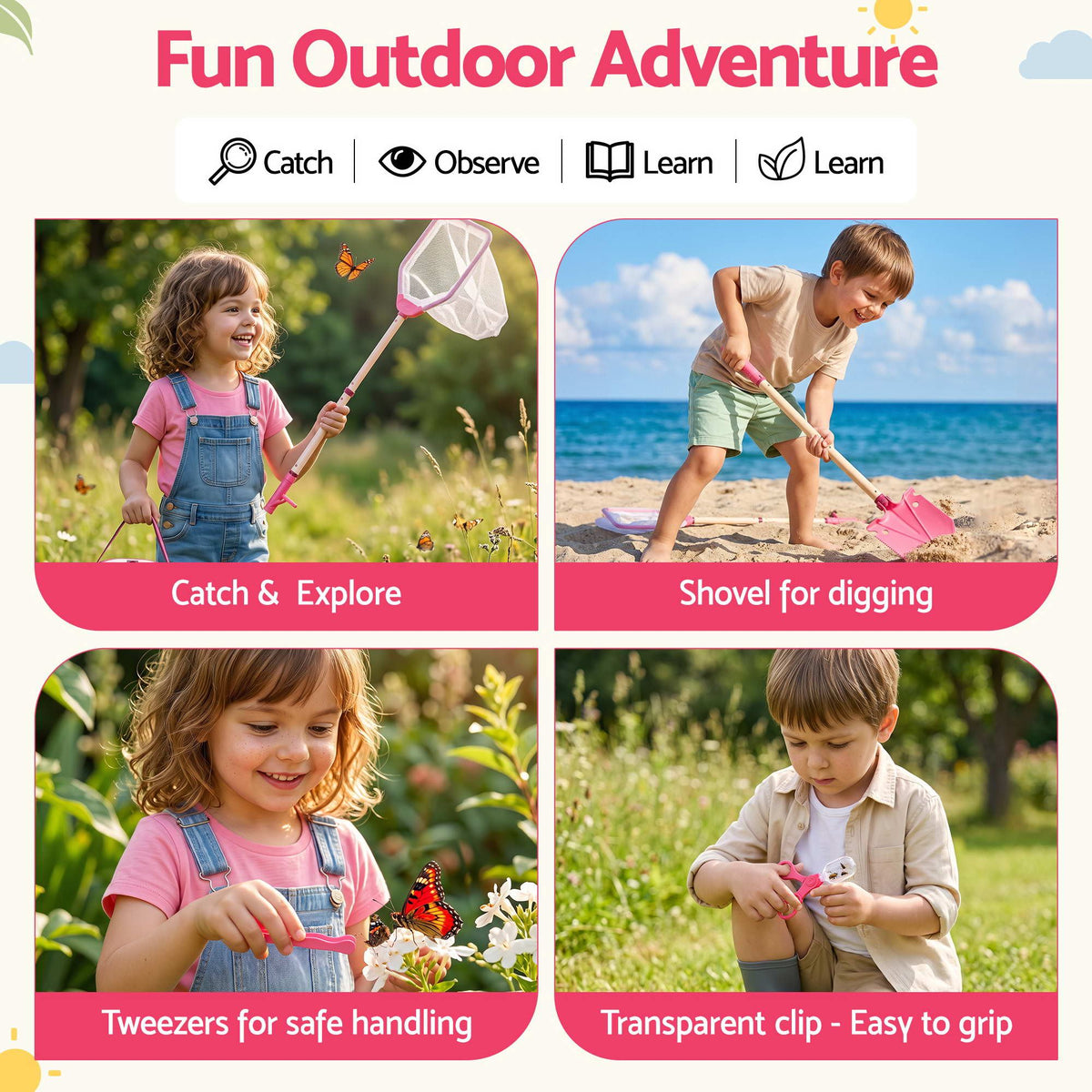 Keezi Kids Bug Catcher Kit 12-Piece Outdoor Explorer Set Pink