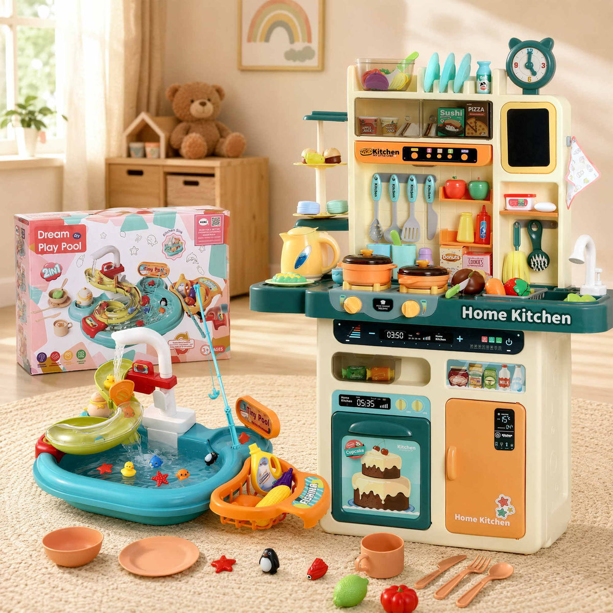Keezi 2 Piece Kids Pretend Kitchen Playset with Water Fishing Game
