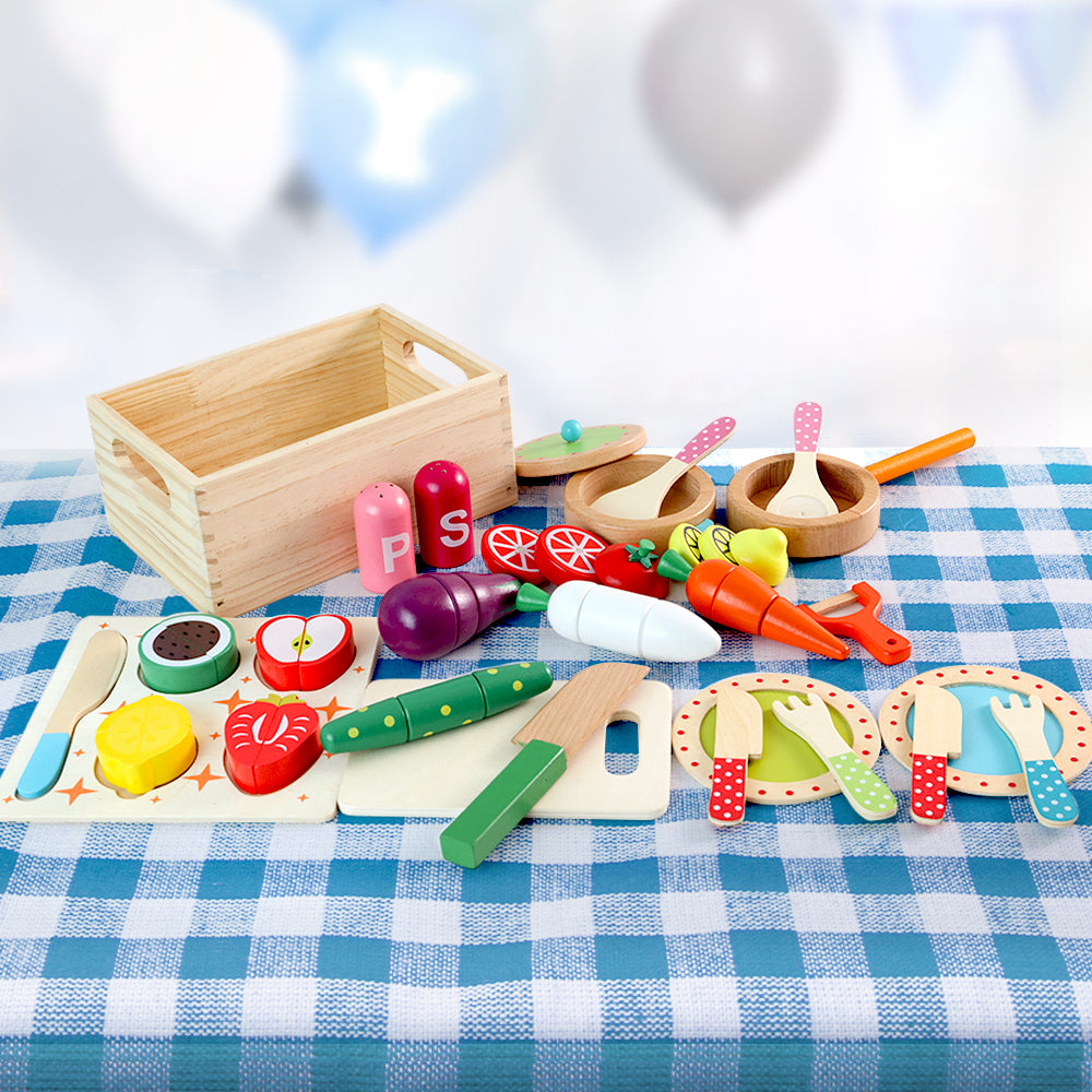 Keezi Wooden Kids Kitchen Playset 29-Piece Pretend Cooking Toys